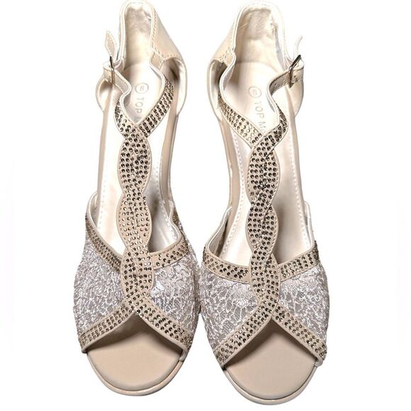 Top Moda size 8 NWOB wedge rhinestone beige/gold strappy lace sandal. 3.5 heel - Picture 1 of 7
